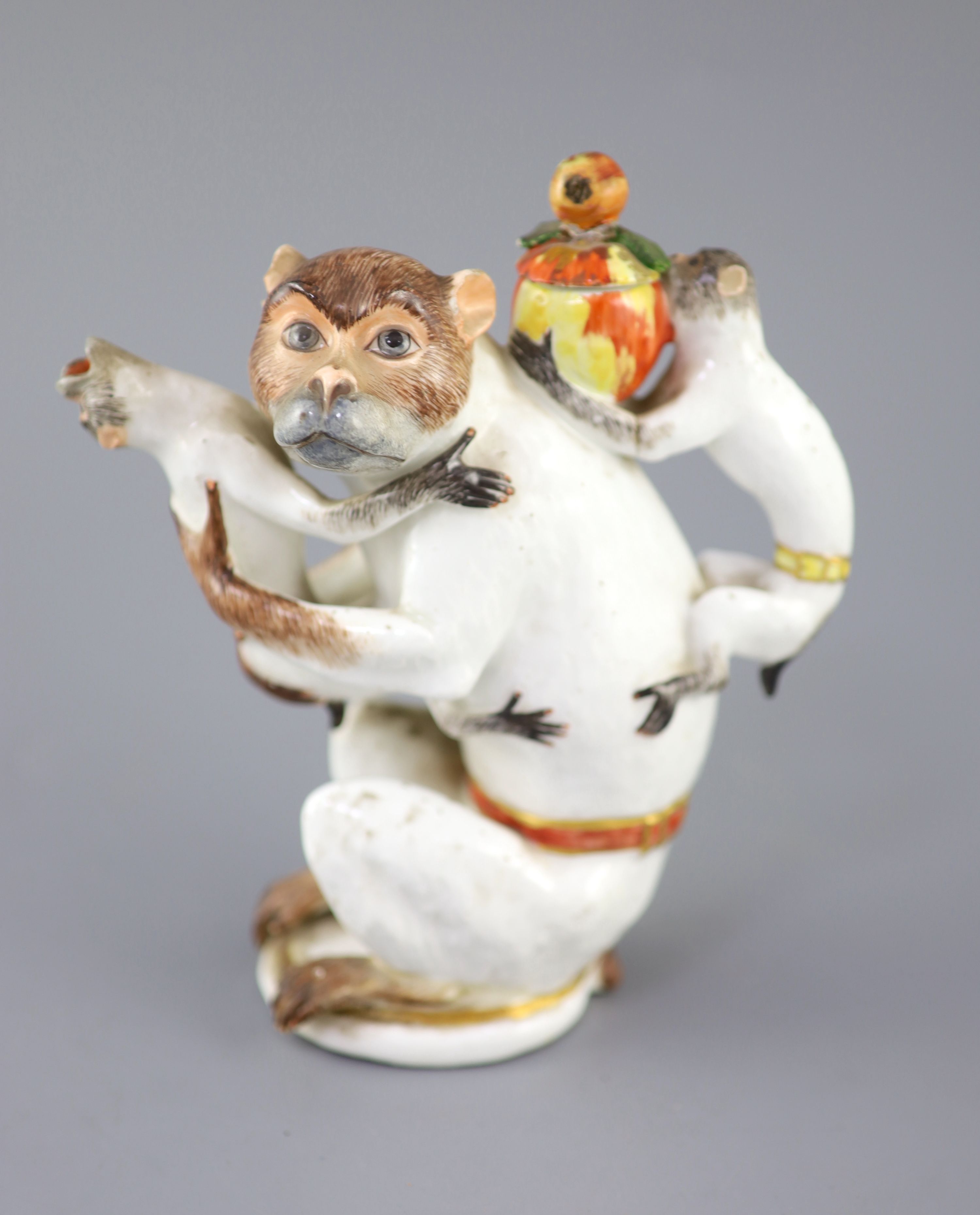 A Meissen porcelain monkey teapot and cover, circa 1735, modelled by J.J. Kaendler, 19.5cm high